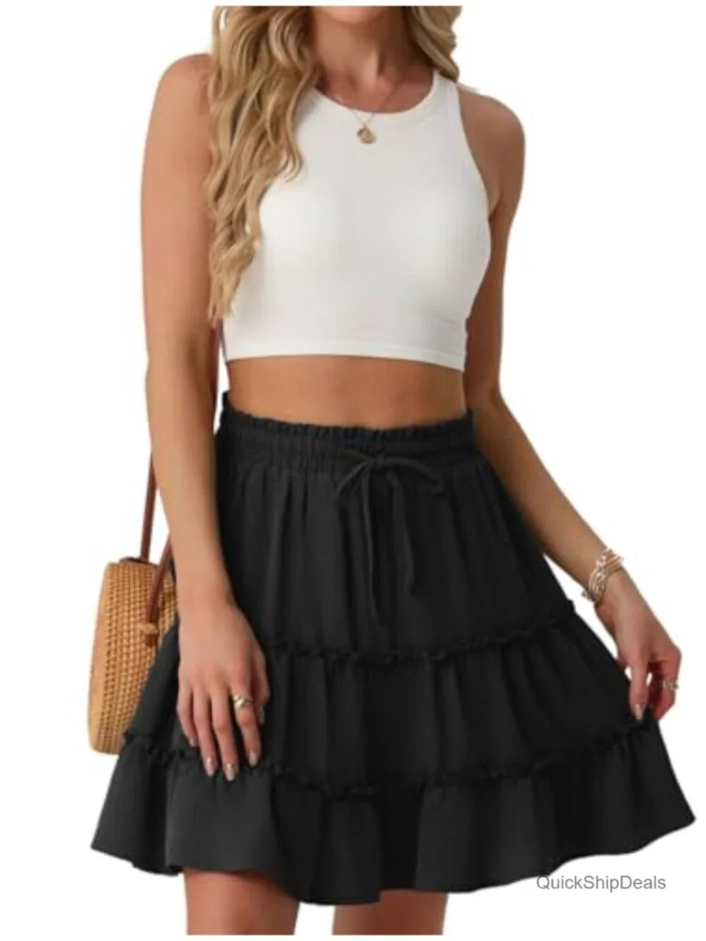 Women's Ruffle Skort with Built-in Shorts, Pockets, High Waist, Flowy Tiered